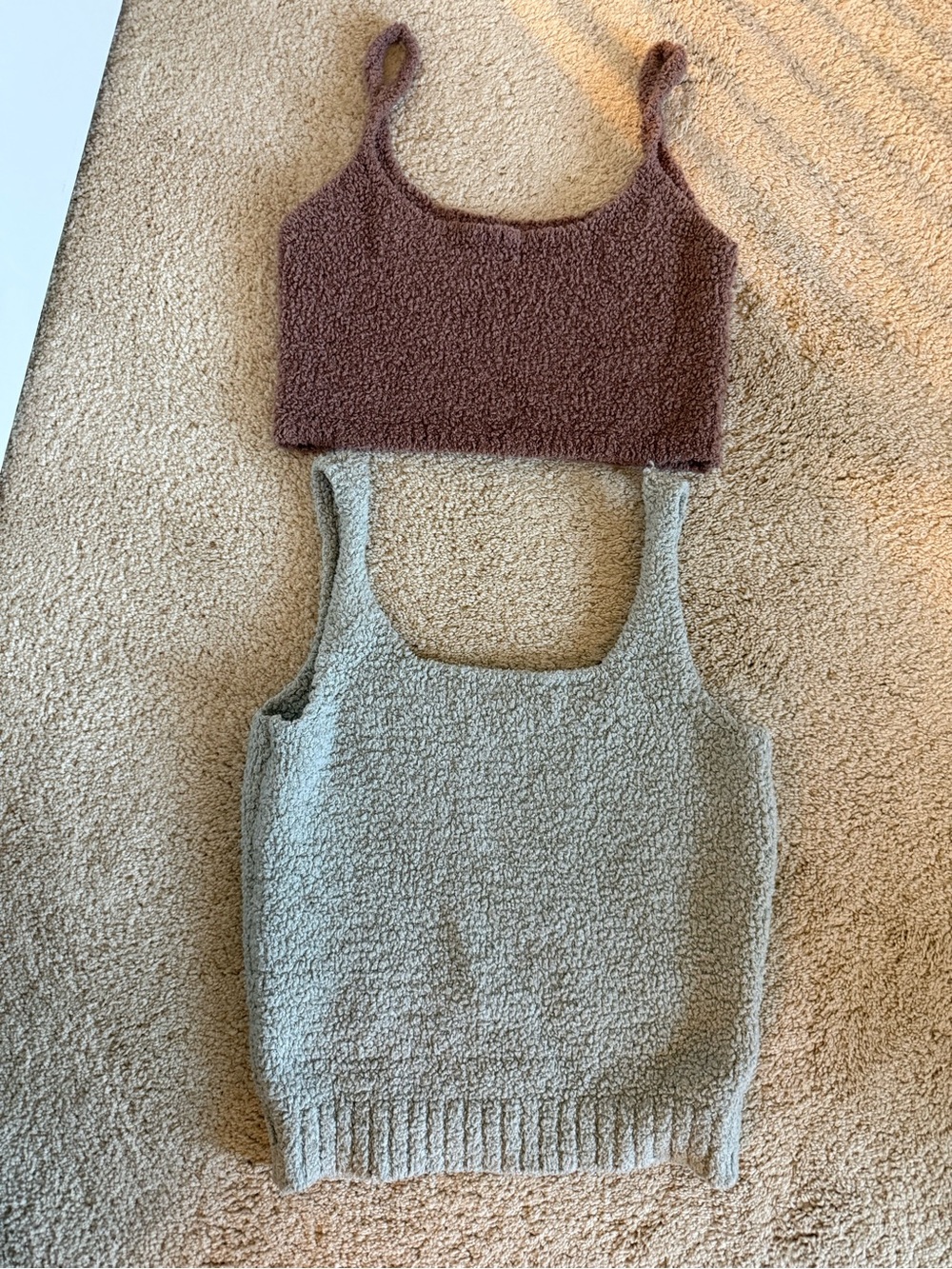 SKIMS Two Teddy Tops- Brown Bra and Sage Tank Top